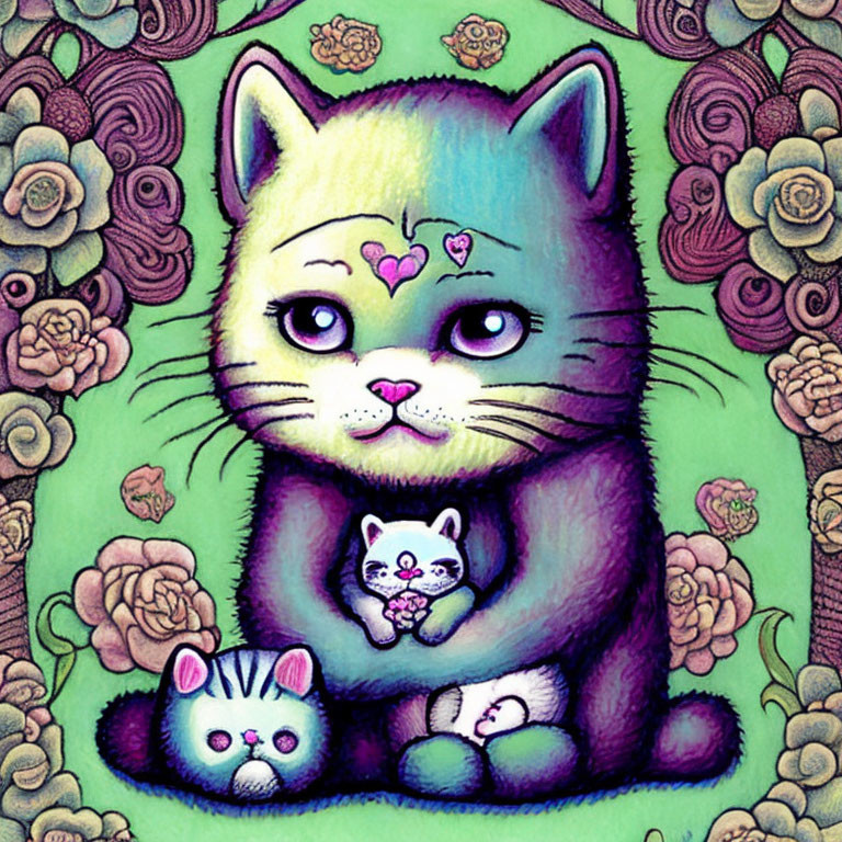 Stylized Purple Cat with Heart and Floral Elements on Green Background