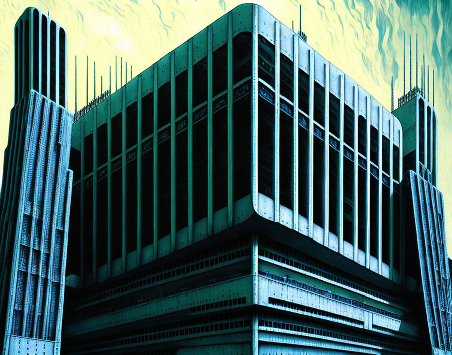 Blue-green skyscraper with vertical fins in swirling yellow-green backdrop