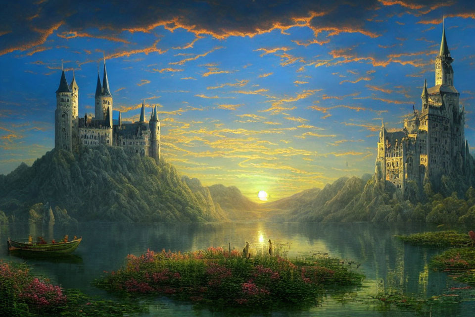Elaborate castle on lush hill by calm lake at sunset
