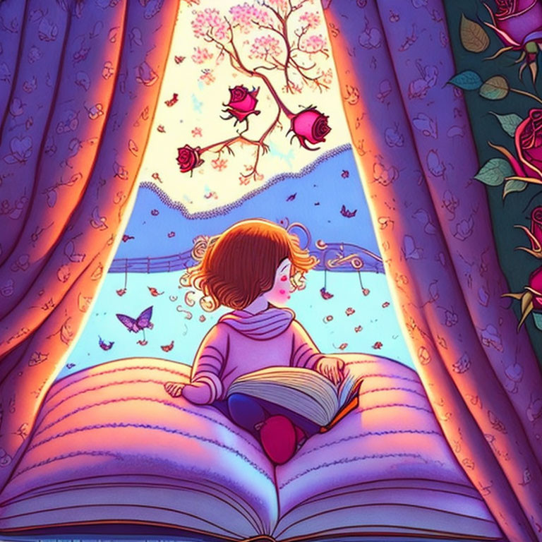 Child Reading Giant Book Revealing Magical World with Roses, Butterflies, and Warm Light