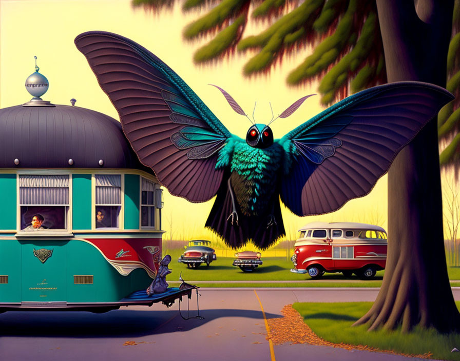Giant Moth near Vintage Diner with Classic Cars and Trolley