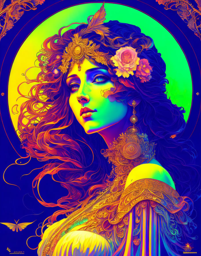 Colorful digital portrait of a woman with floral hair and jewelry on vivid background