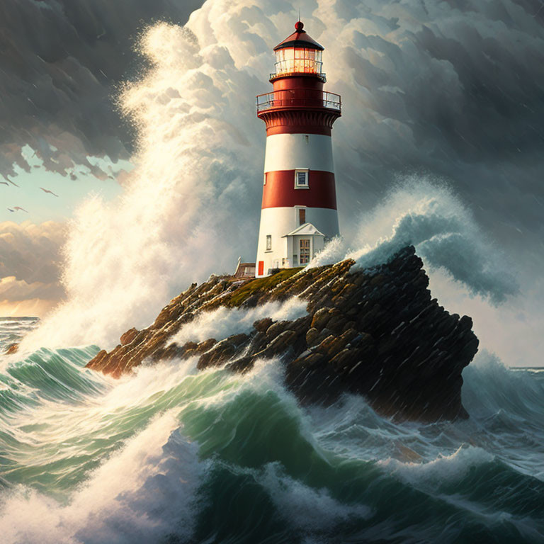 Majestic lighthouse on rocky outcrop amidst turbulent sea waves