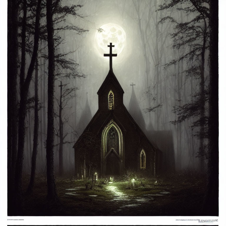 Moonlit old church in mystical forest with glowing lanterns