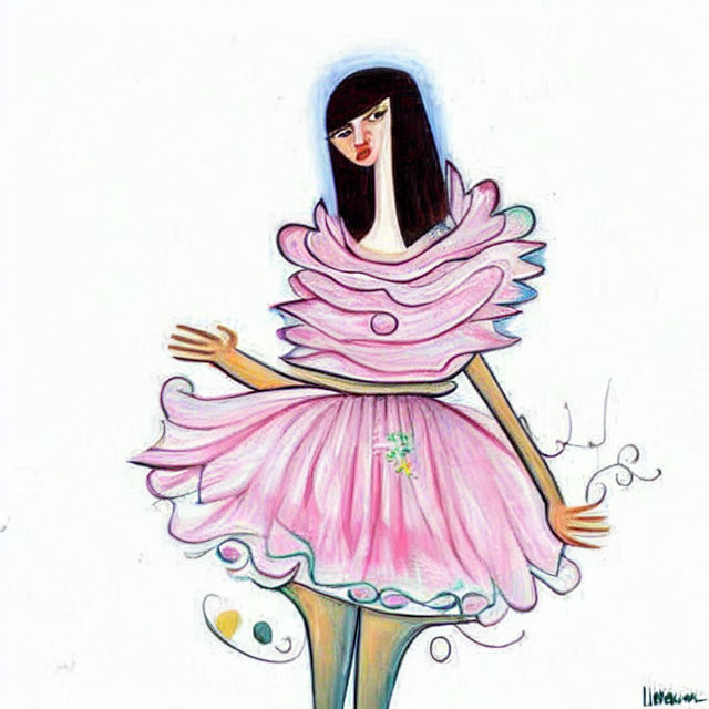 Stylized woman in pink ruffled dress with whimsical elements