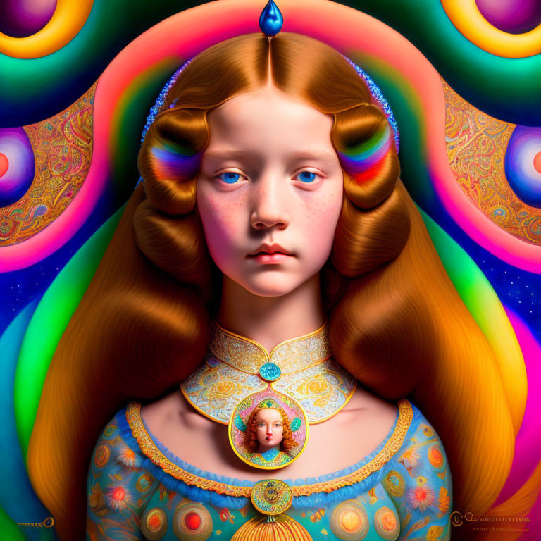 Vivid surreal portrait of a girl with red hair and blue eyes in psychedelic setting