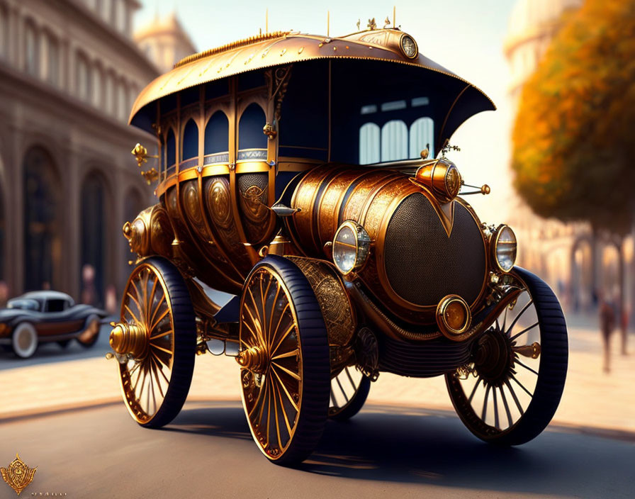 Steampunk-style vehicle with gold accents in classical architecture setting