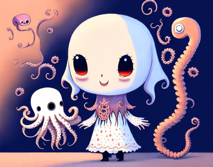 Stylized illustration of cute girl with octopus-themed dress and tentacle hair on purple background