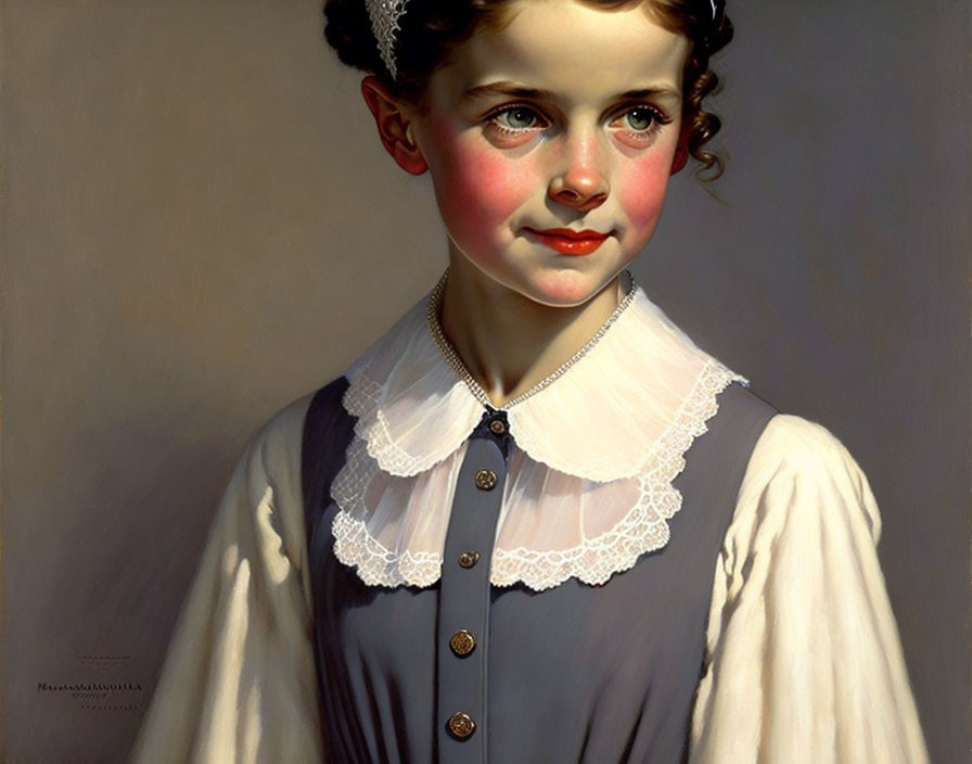 Portrait of a Young Girl with Curly Hair and Lace Collar