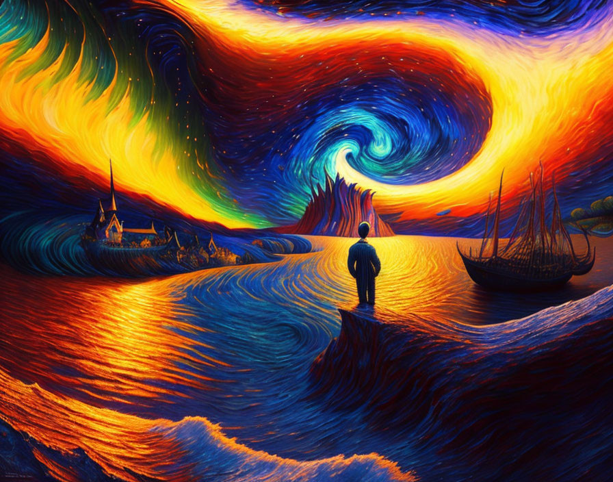 Person gazing at surreal sky above vibrant sea