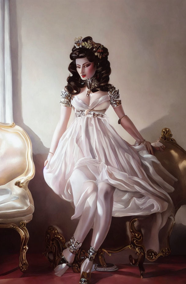 Illustrated Woman in White Dress on Gilded Chair in Classic Setting