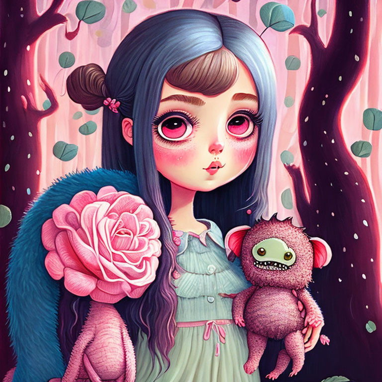 Girl with Large Eyes and Blue Hair Holding Pink Monster Toy Surrounded by Pink Trees and Flower