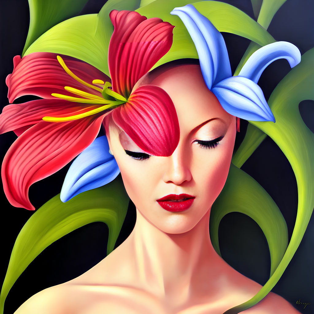 Vibrant red lips woman in surreal floral painting