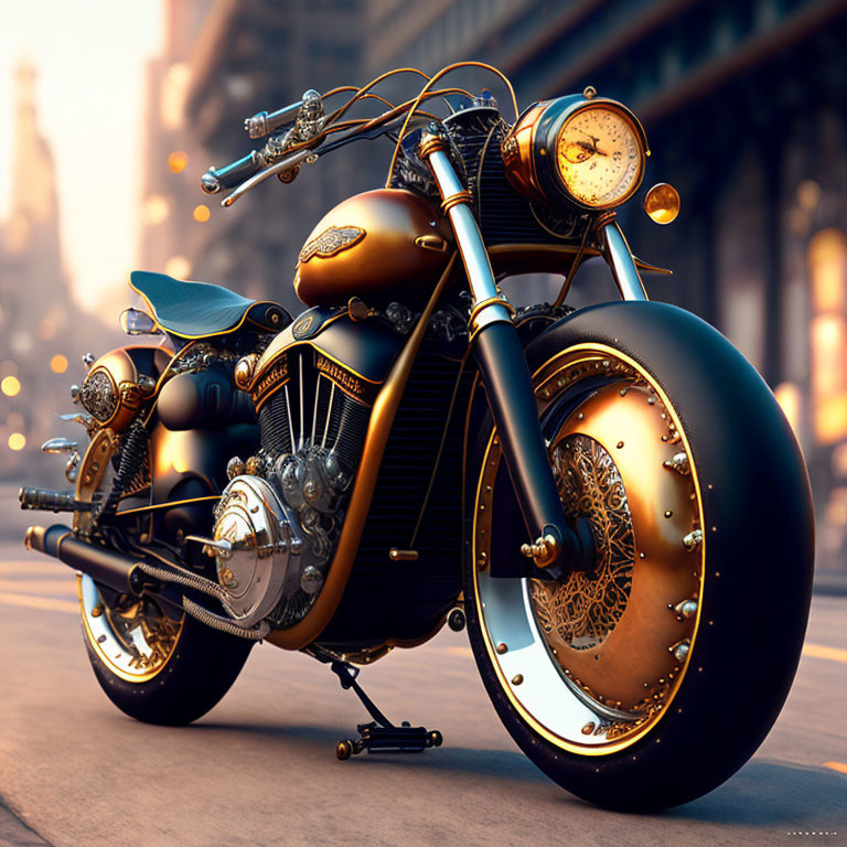 Custom Vintage-Style Motorcycle with Gold Accents and Wide Wheels in Urban Setting at Sunset