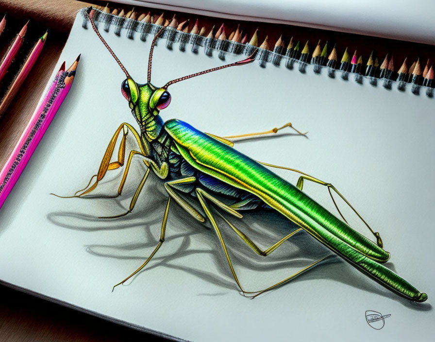 Detailed Colored Pencil Drawing of Green Grasshopper on Sketchpad