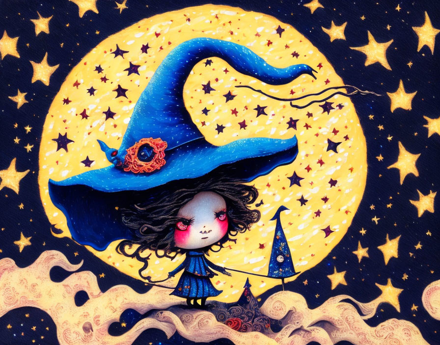 Whimsical character with large blue witch's hat and flowing black hair against moon and stars
