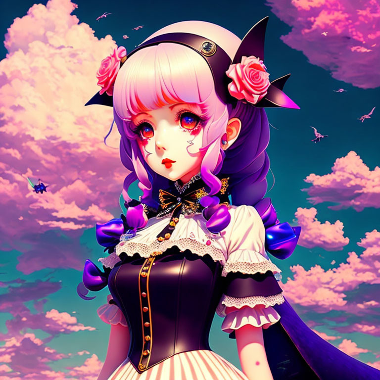 Anime-style girl with pale skin, yellow eyes, and purple-black hair under pink-blue sky