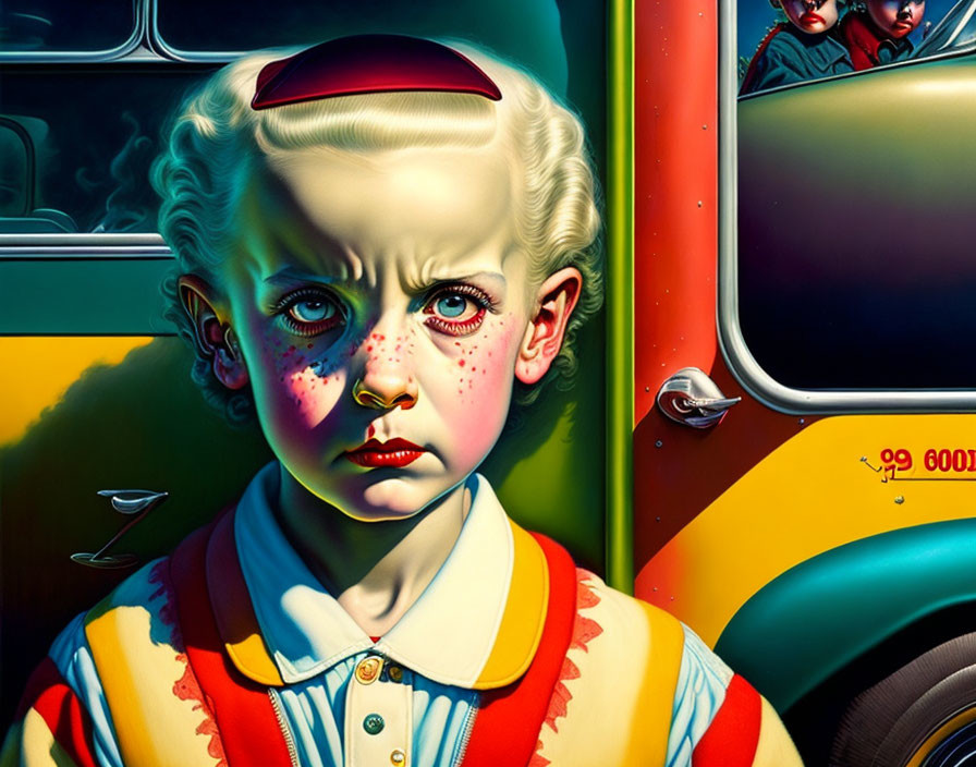 Teary-eyed child in front of yellow school bus with figures in window
