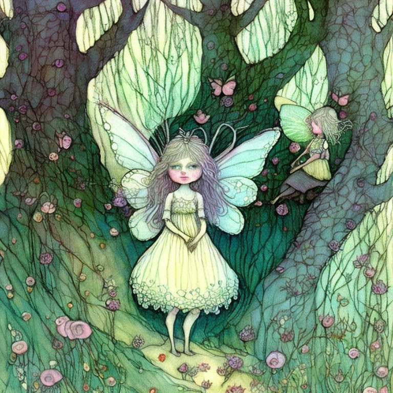 Whimsical fairy illustration in forest with delicate wings