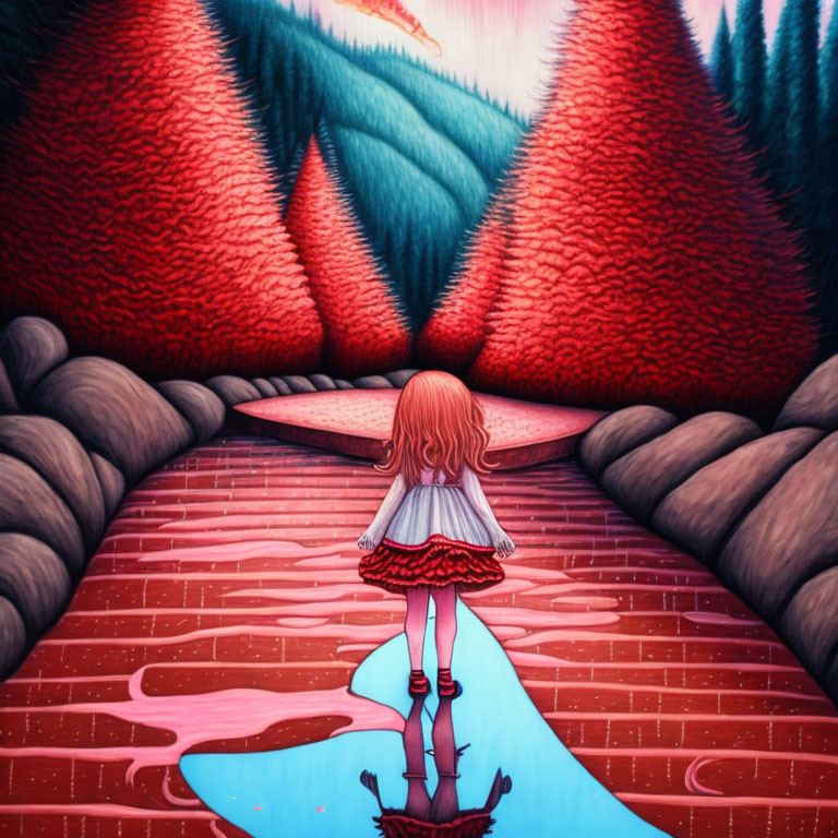 Red-haired girl on surreal pink-red path with tall evergreen trees under vibrant sky