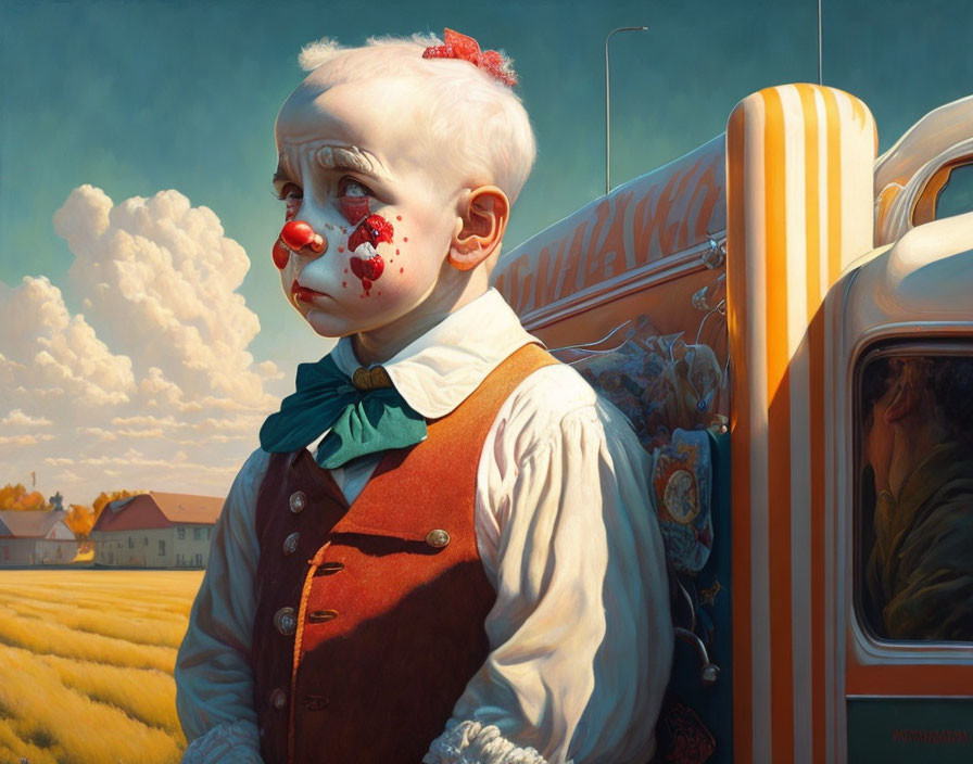 Child with clown makeup near retro car in sunny rural landscape
