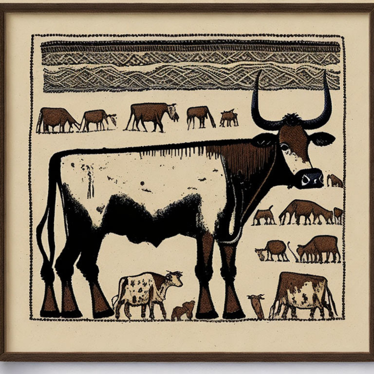 Framed artwork showcasing central cow with smaller cows and patterns.
