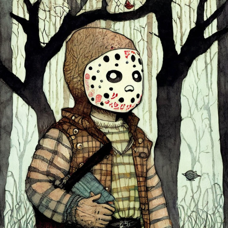 Person in Checkered Shirt and Hockey Mask in Spooky Forest