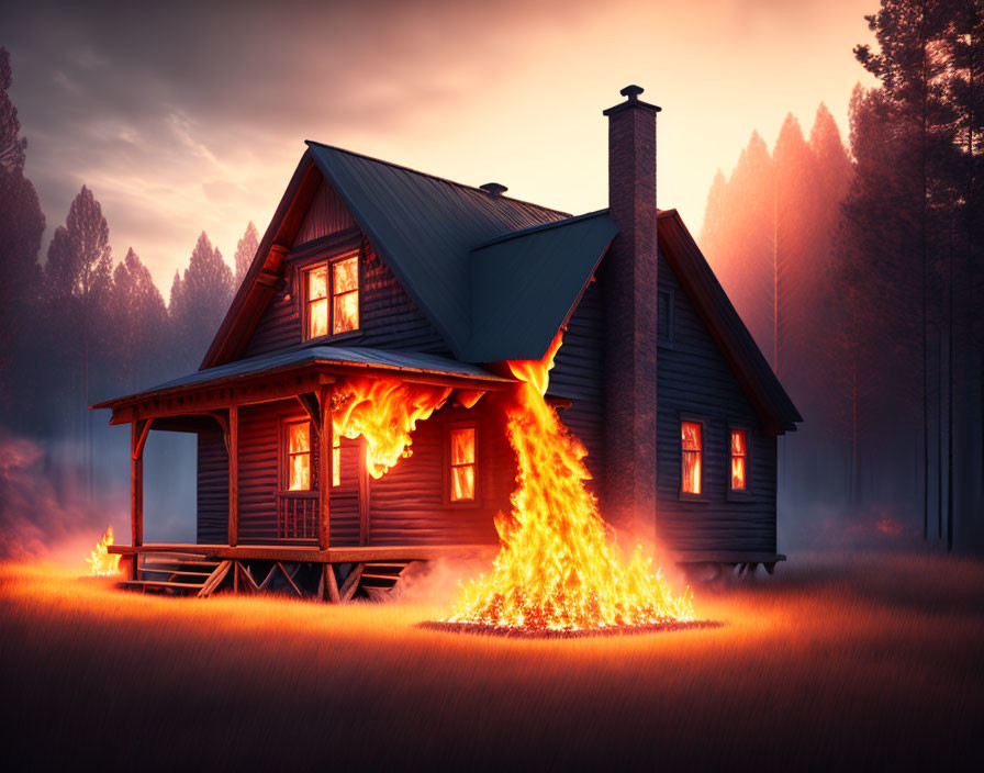Burning wooden cabin at twilight in forest fire scene