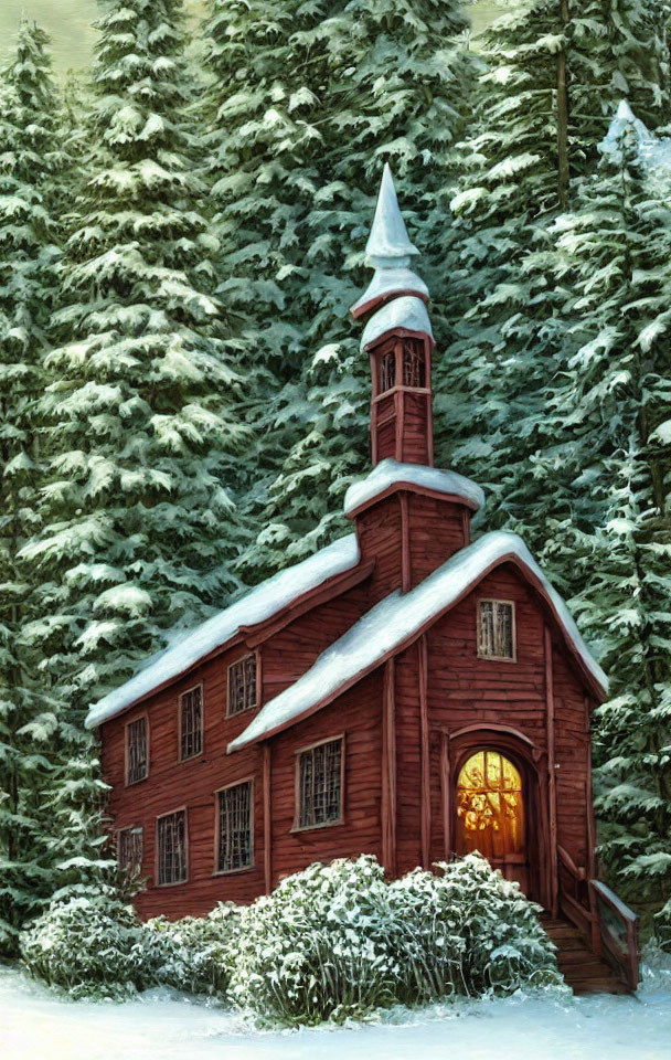 Snow-covered pine trees surround red wooden chapel in serene winter landscape