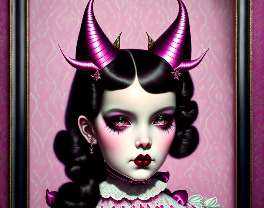 Stylized Gothic artwork featuring girl with horns and dark hair