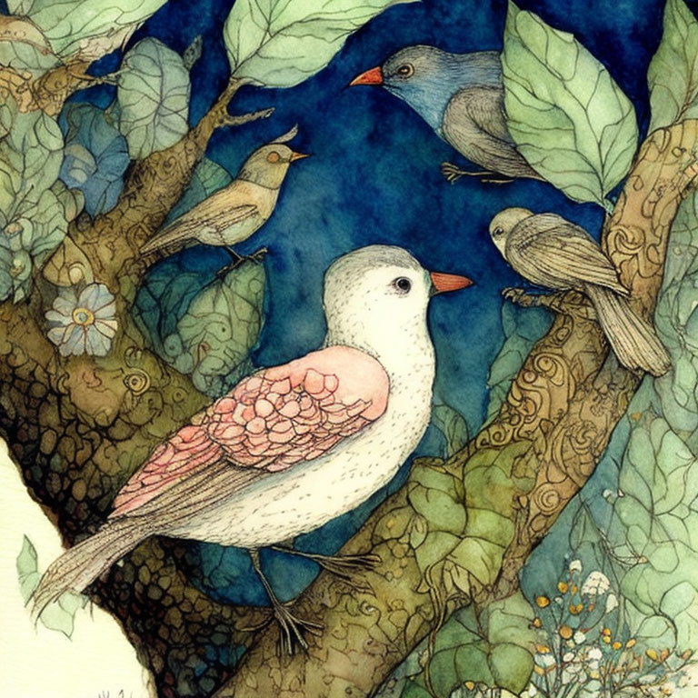 Stylized Birds Among Leafy Branches in Earth Tones