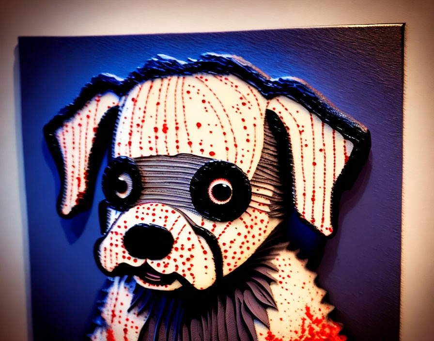 Whimsical, stylized painting of a sad puppy with large eyes