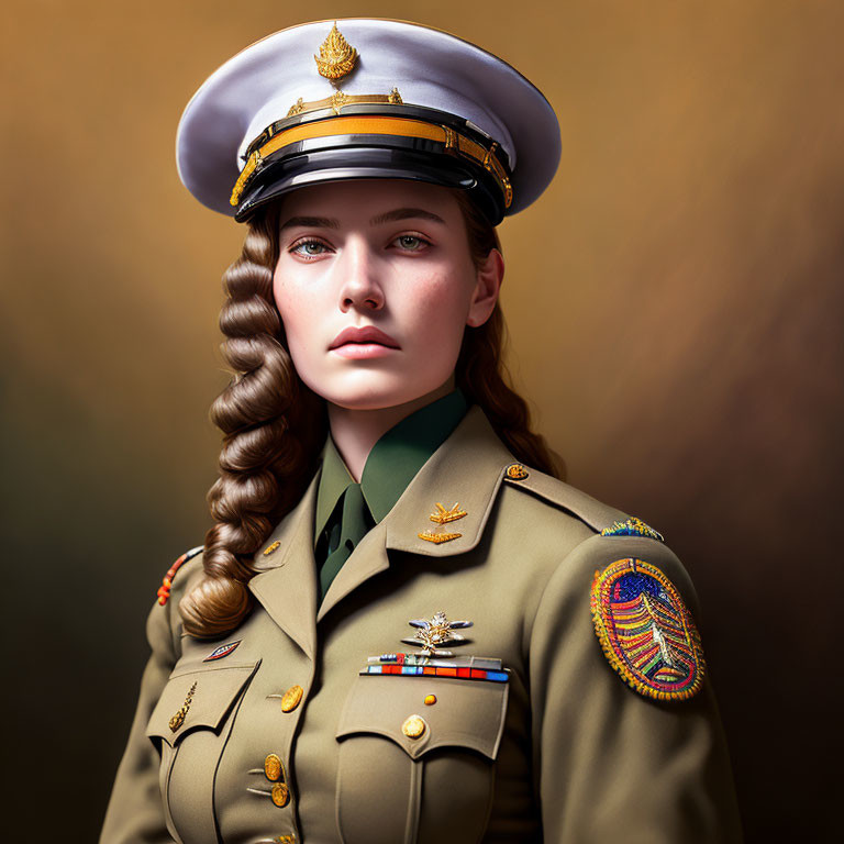 Woman in Military Uniform with Braided Hair and White Cap on Gradient Background