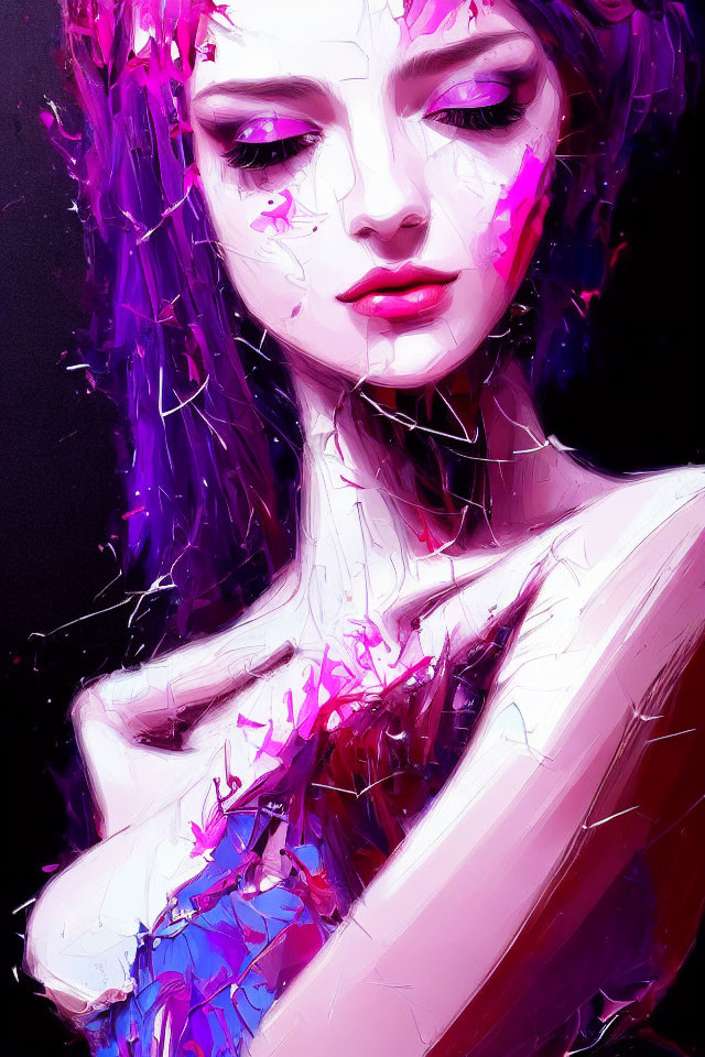 Vivid digital portrait of a woman with purple accents and dynamic brush strokes