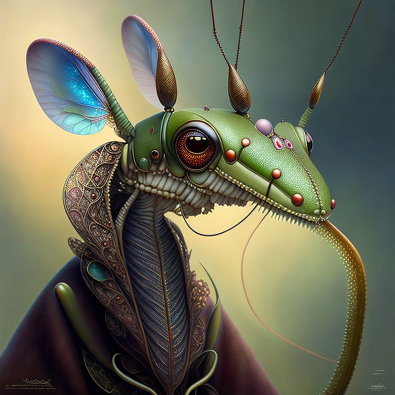 Colorful digital artwork of whimsical insect creature with intricate patterns