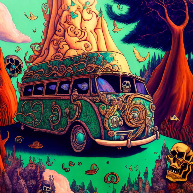 Psychedelic vintage van with skull motifs in whimsical forest
