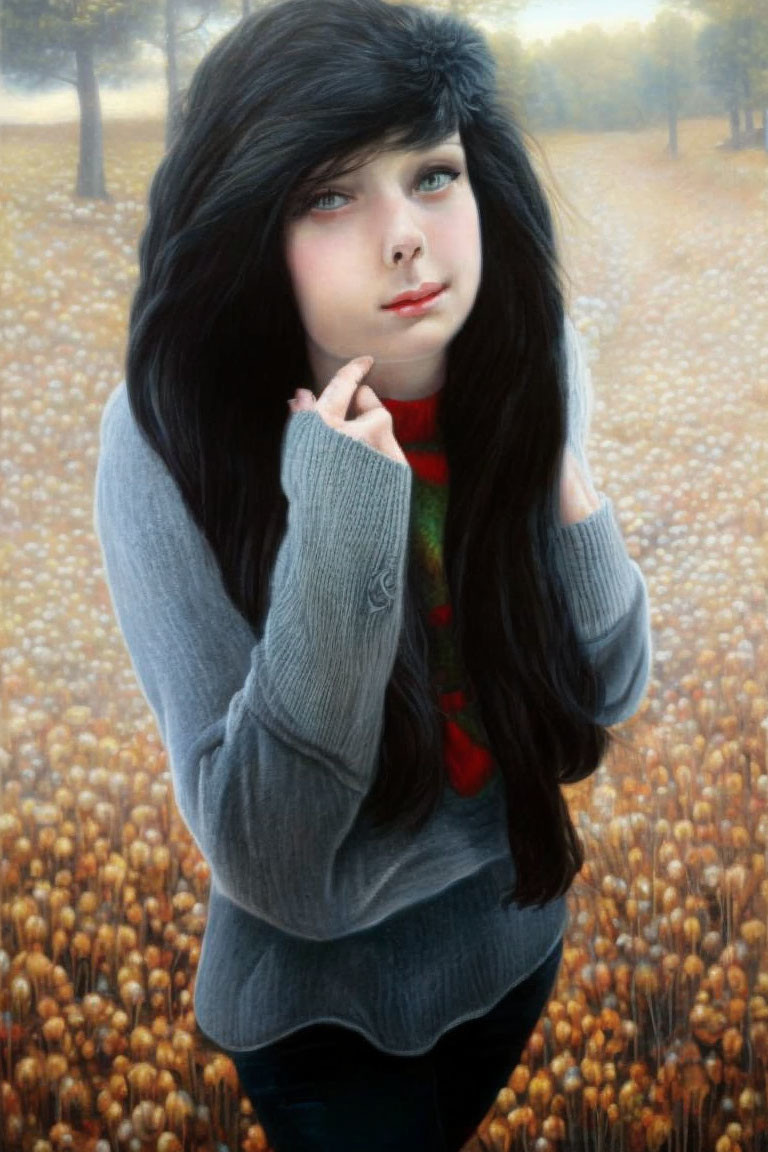 Portrait of young woman in grey sweater and red scarf in golden field