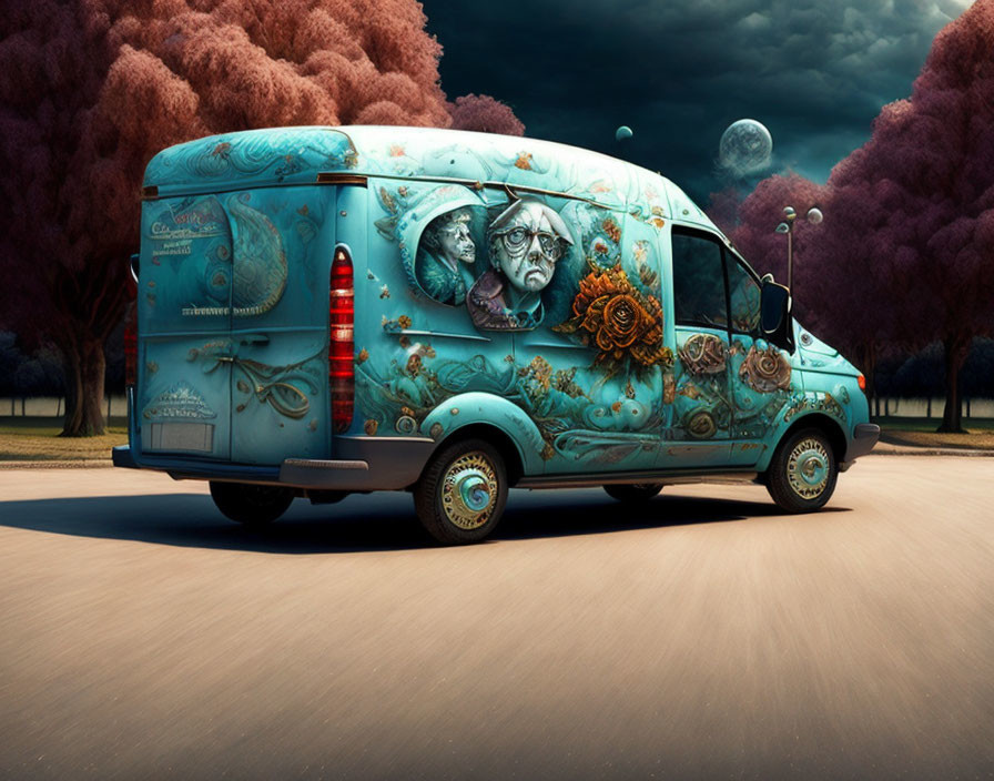 Van with intricate artistic designs parked by road with surreal purple foliage and moons in the sky