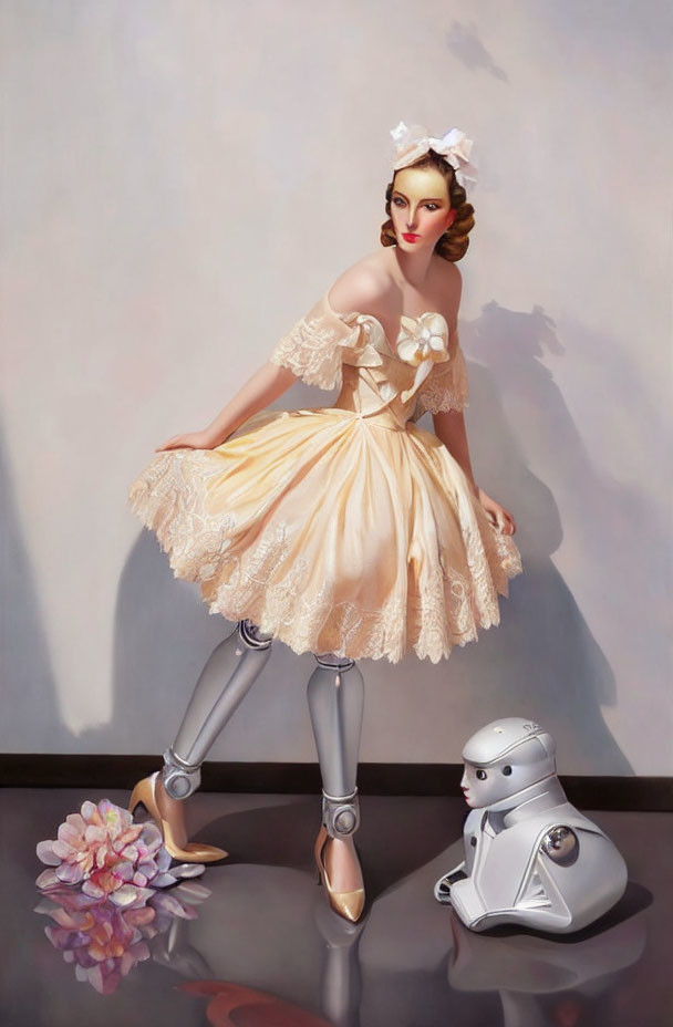 Ballerina in Cream Tutu with Robot Dog and Prosthesis