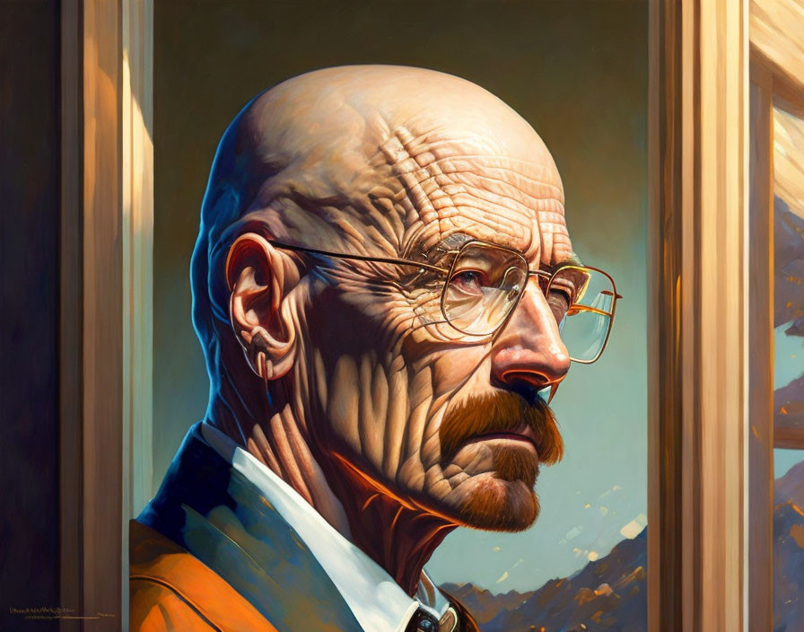 Elderly man with bald head, glasses, and goatee, looking sternly to the side