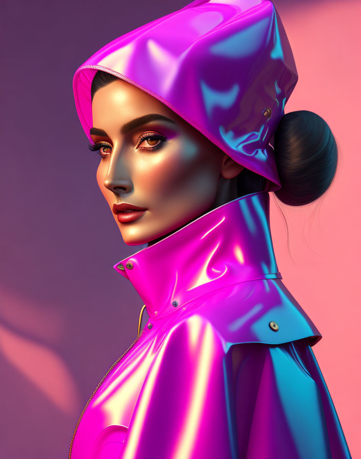Digital illustration: Woman in glossy pink raincoat and cap on pink backdrop