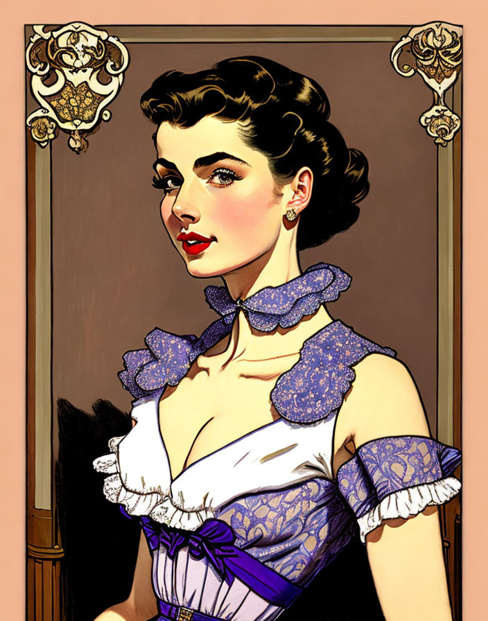 Vintage 1950s style illustrated portrait of a woman in white blouse and purple corset on art