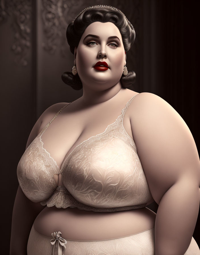 Detailed 3D rendering of plus-size woman in vintage glamour style with makeup, lace attire, and