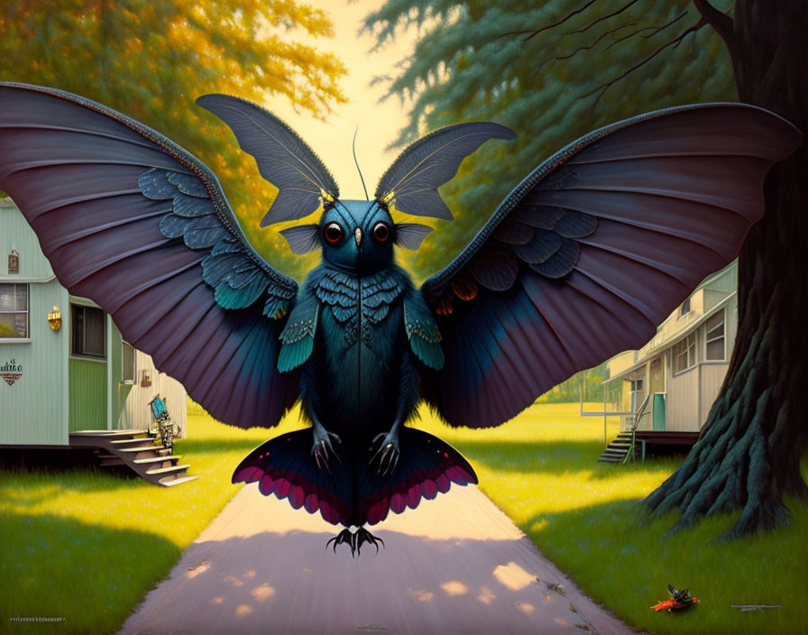 Large moth painting with blue feathers on sunlit path and trailers in background