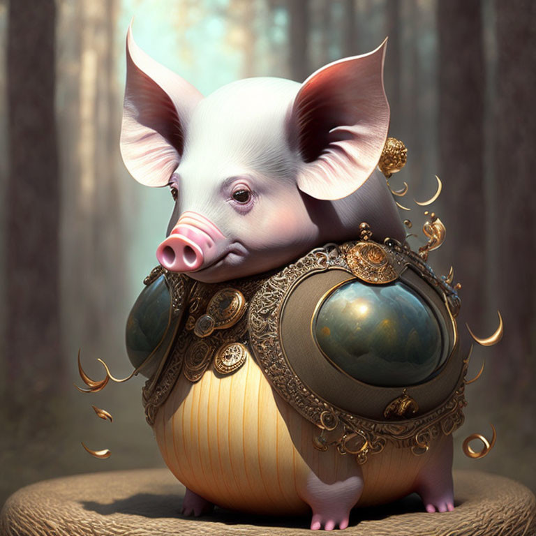 Whimsical piglet in ornate gold armor in tranquil forest