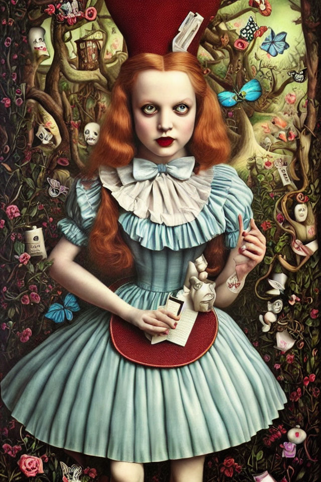 Surreal Alice in Wonderland artwork with large head, playing cards, and butterflies