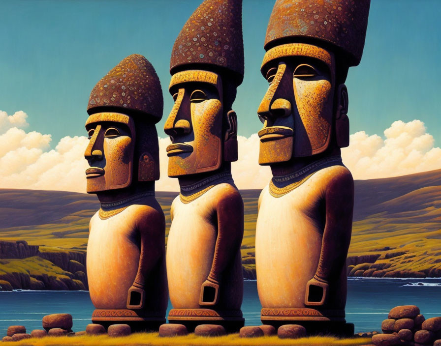 Stylized moai statues with red topknots on hills by the sea