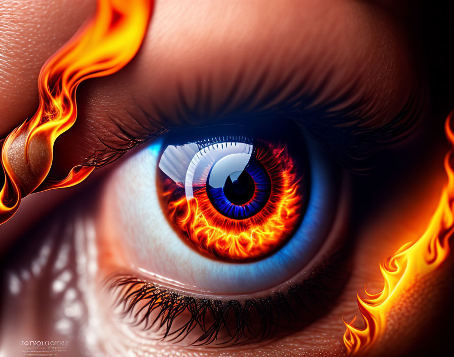 Vividly Colored Eye with Fiery Iris Design and Flame Encircling Eyelid
