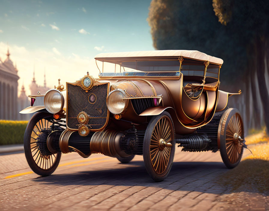 Vintage Car with Brass Detailing and Spoked Wheels on Cobblestone Road at Sunset