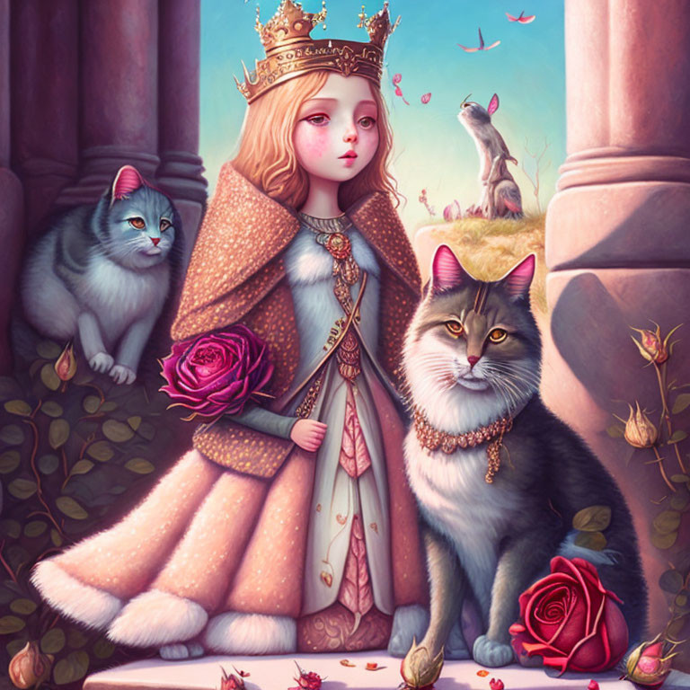 Young Girl with Crown, Cats, and Rabbit in Pink Rose Garden